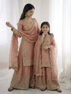 Beige Mother-Daughter Fandy Silk Embroidery Sharara Set