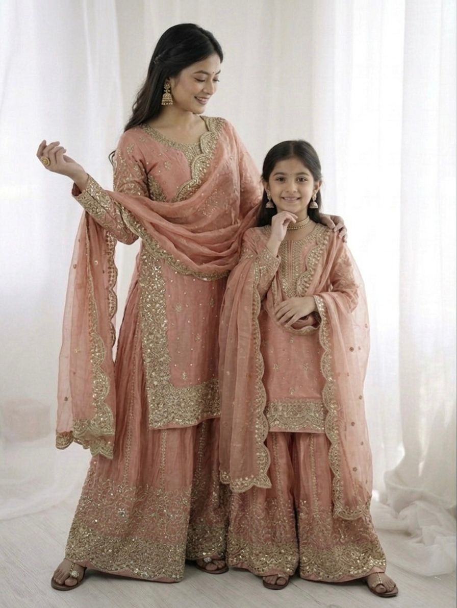 Beige Mother-Daughter Fandy Silk Embroidery Sharara Set
