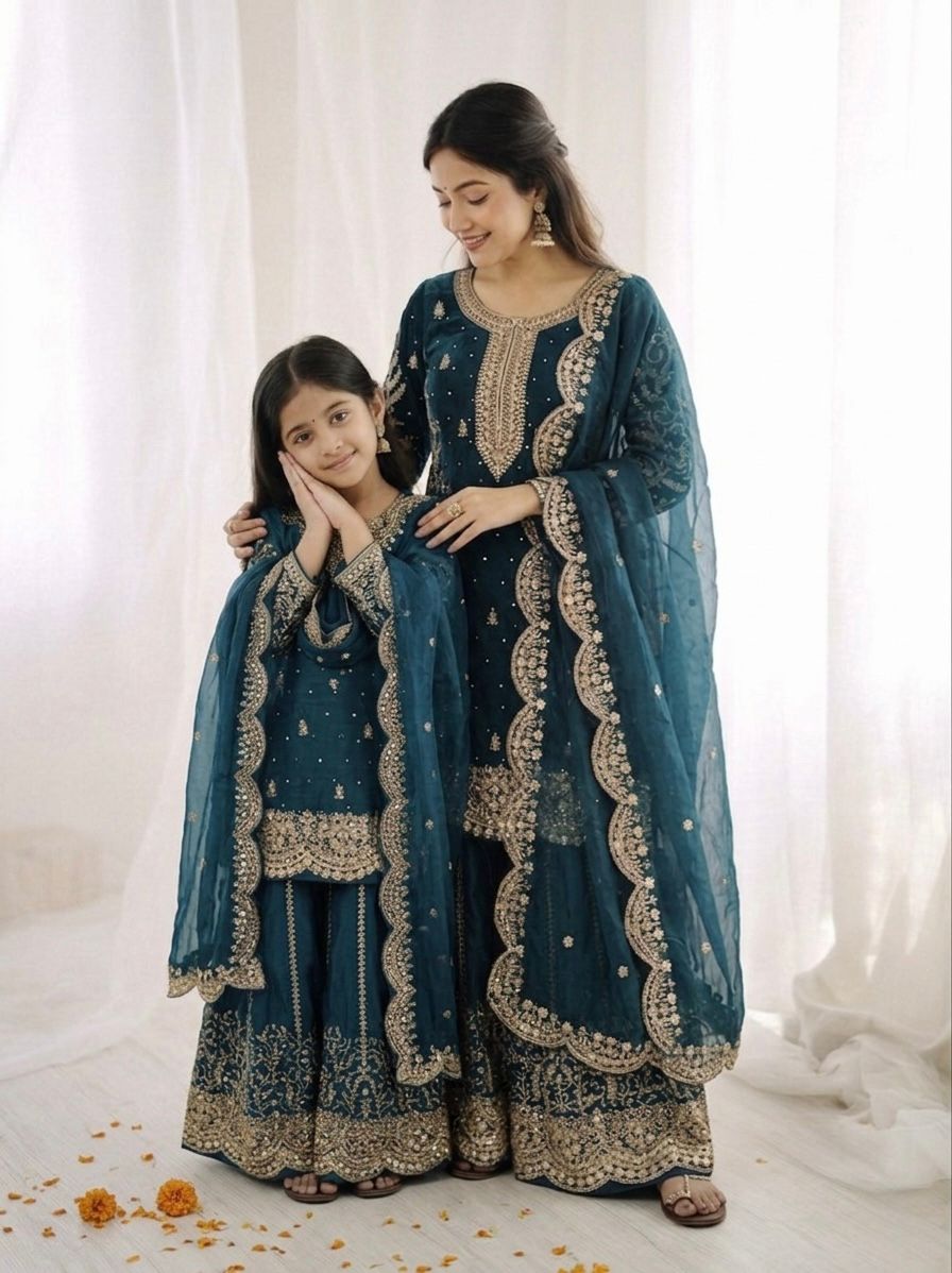 Tea Blue Mother-Daughter Fandy Silk Embroidery Sharara Set