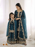 Tea Blue Mother-Daughter Fandy Silk Embroidery Sharara Set