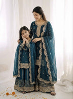 Tea Blue Mother-Daughter Fandy Silk Embroidery Sharara Set