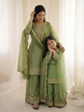 Green Mother-Daughter Fandy Silk Embroidery Sharara Set