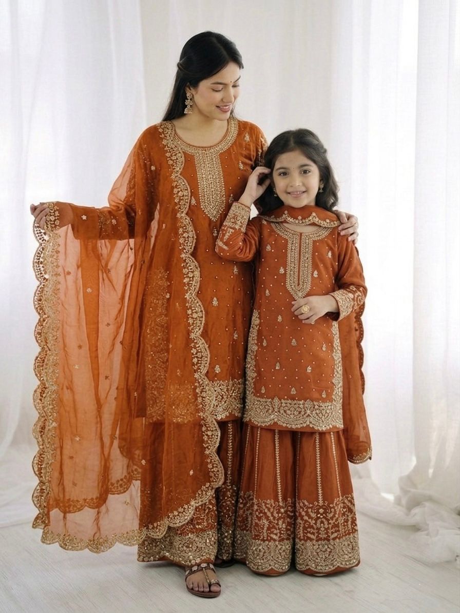 Orange Mother-Daughter Fandy Silk Embroidery Sharara Set