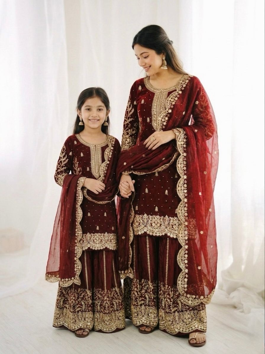 Maroon Mother-Daughter Fandy Silk Embroidery Sharara Set