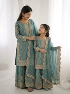 Sea Green Mother-Daughter Fandy Silk Embroidery Sharara Set