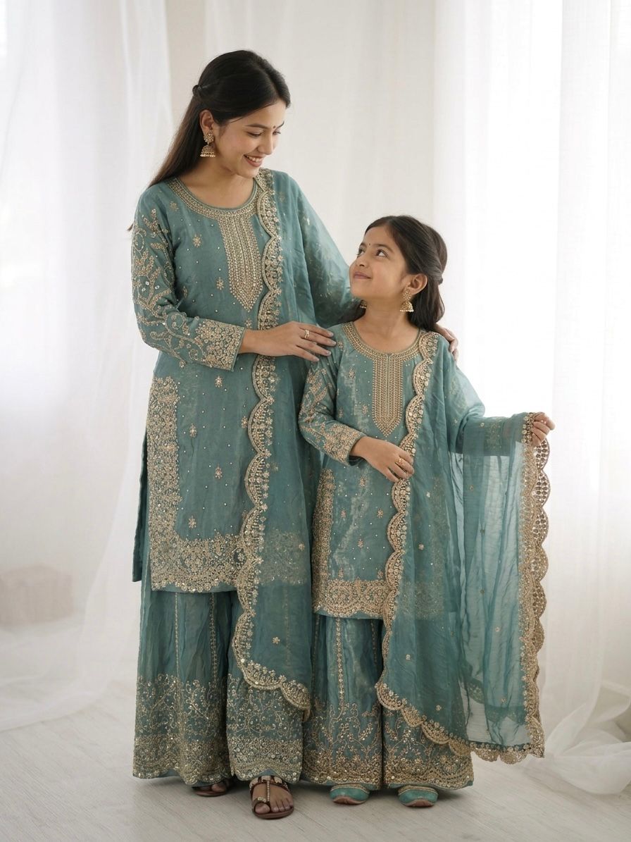 Sea Green Mother-Daughter Fandy Silk Embroidery Sharara Set