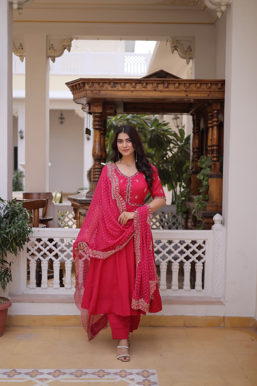 Pink Embroidery Bandhani Style Suit Set