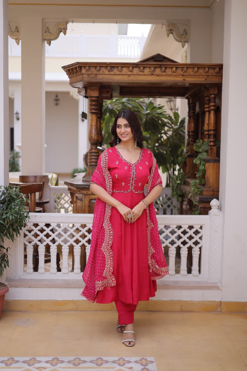 Pink Embroidery Bandhani Style Suit Set