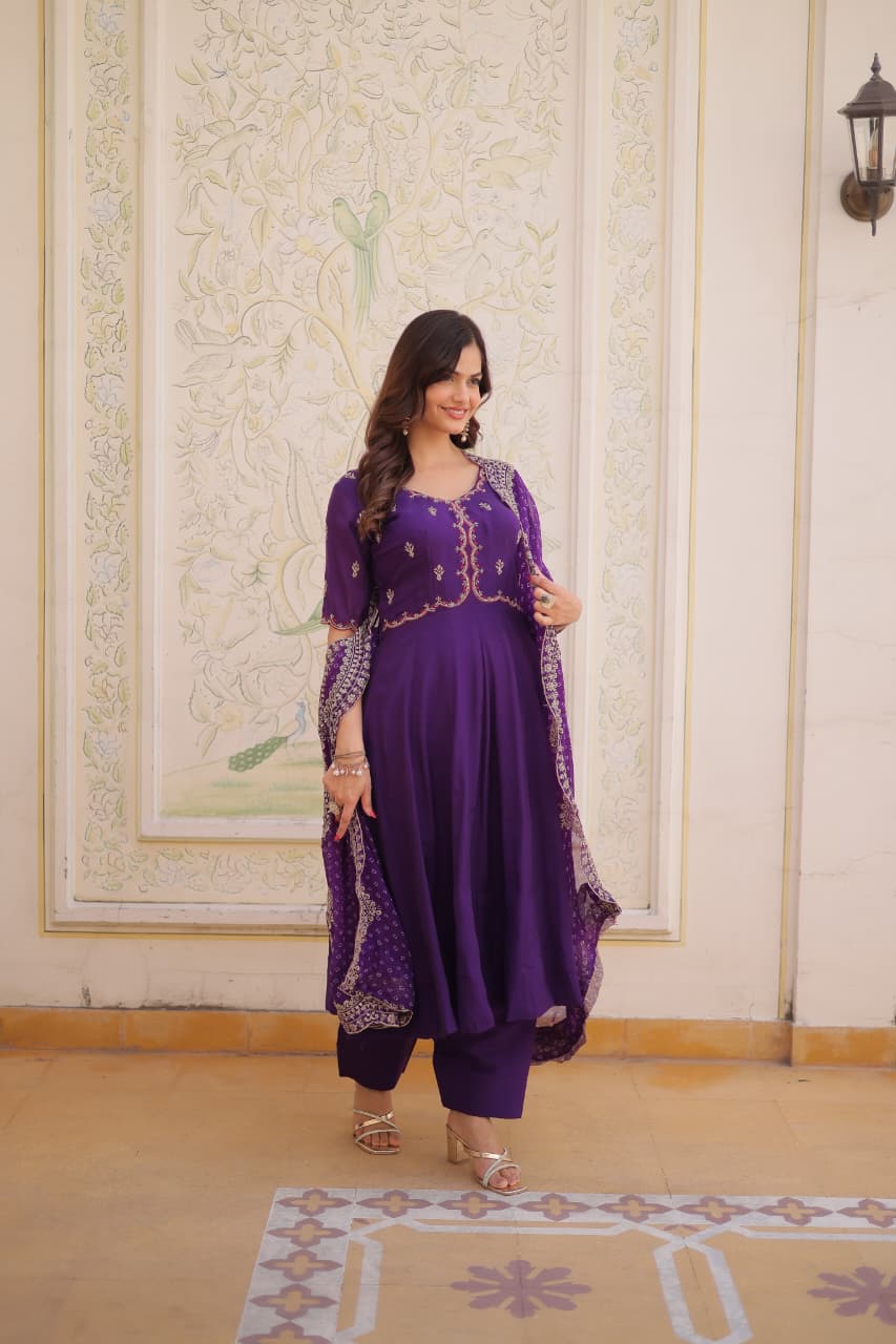 Purple Embroidery Bandhani Style Suit Set