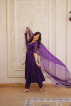 Purple Embroidery Bandhani Style Suit Set