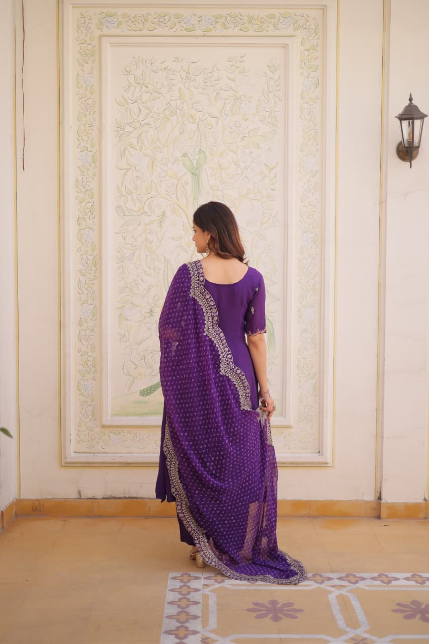 Purple Embroidery Bandhani Style Suit Set