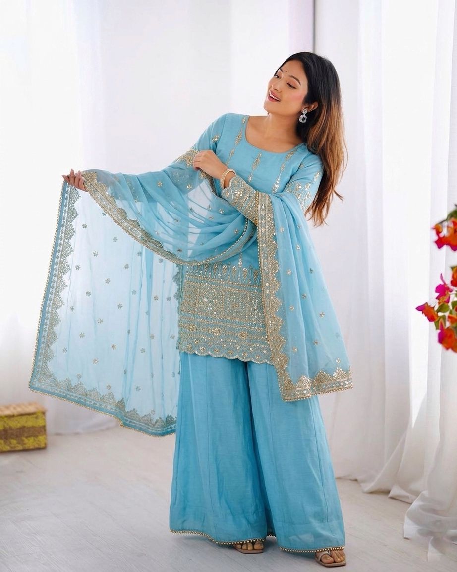 Sky Blue Vichitra Silk Embroidery Work Sharara Set