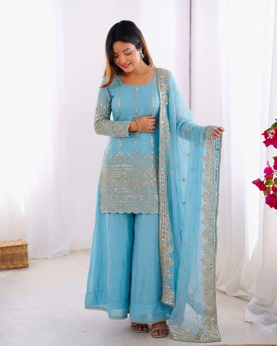 Sky Blue Vichitra Silk Embroidery Work Sharara Set
