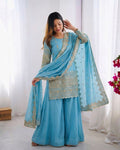 Sky Blue Vichitra Silk Embroidery Work Sharara Set
