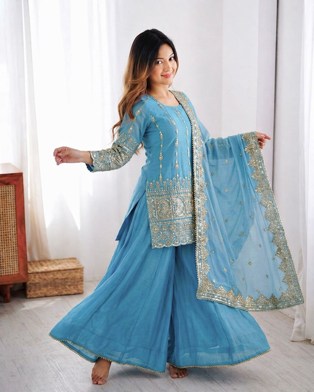 Sky Blue Vichitra Silk Embroidery Work Sharara Set
