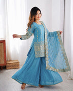 Sky Blue Vichitra Silk Embroidery Work Sharara Set