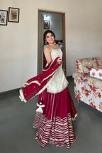 White & Maroon Silk Georgette Lehenga Choli