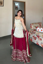 White & Maroon Silk Georgette Lehenga Choli