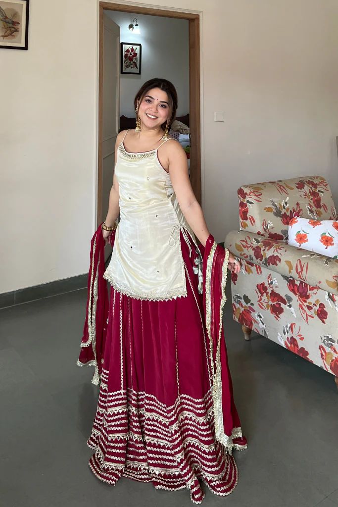 White & Maroon Silk Georgette Lehenga Choli