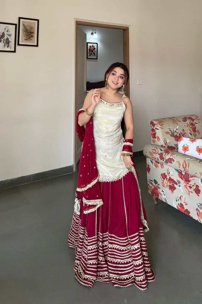 White & Maroon Silk Georgette Lehenga Choli
