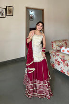 White & Maroon Silk Georgette Lehenga Choli