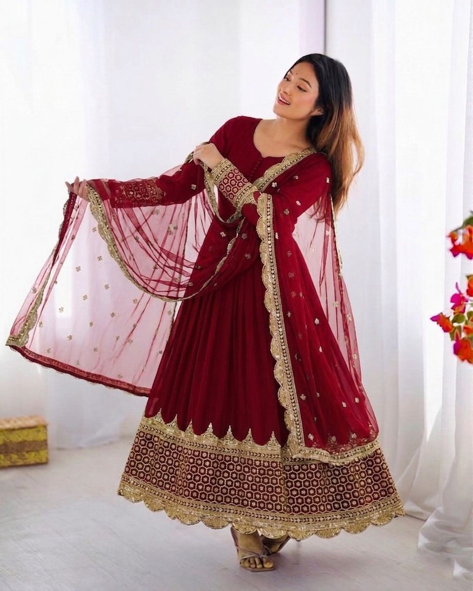 Maroon Embroidered Sequence Work Anarkali