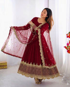 Maroon Embroidered Sequence Work Anarkali