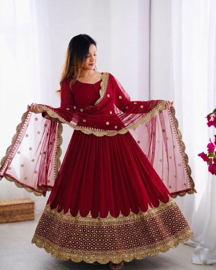 Maroon Embroidered Sequence Work Anarkali