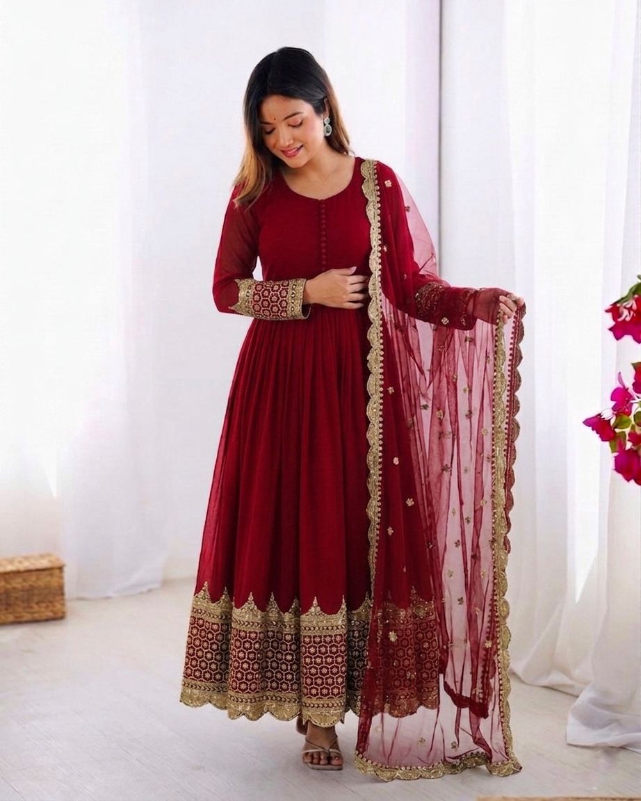 Maroon Embroidered Sequence Work Anarkali