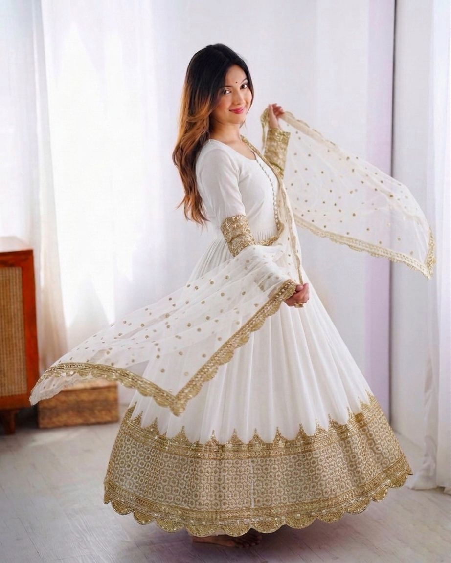 White Embroidered Sequence Work Anarkali