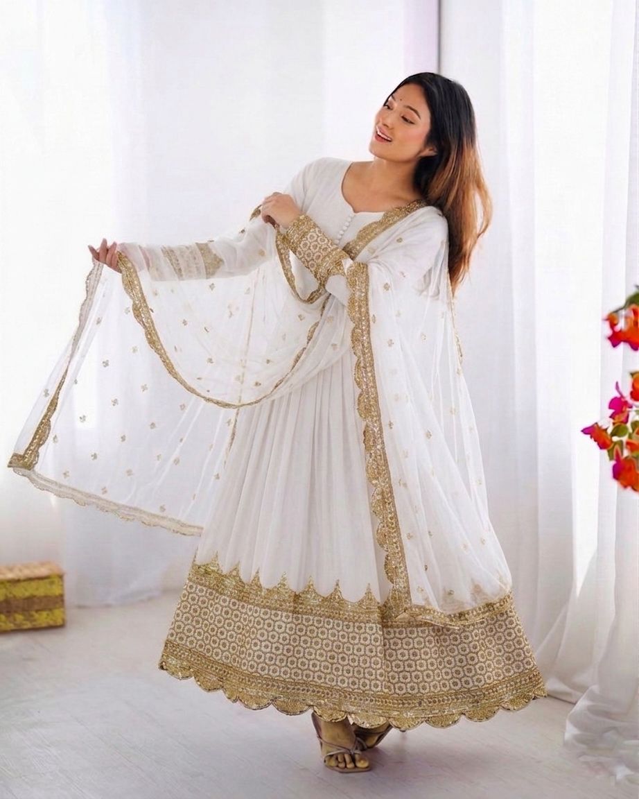White Embroidered Sequence Work Anarkali