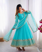 Sky Blue Embroidered Sequence Work Anarkali