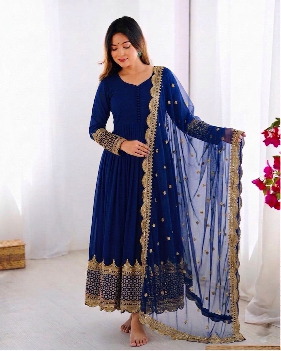 Royal Blue Embroidered Sequence Work Anarkali