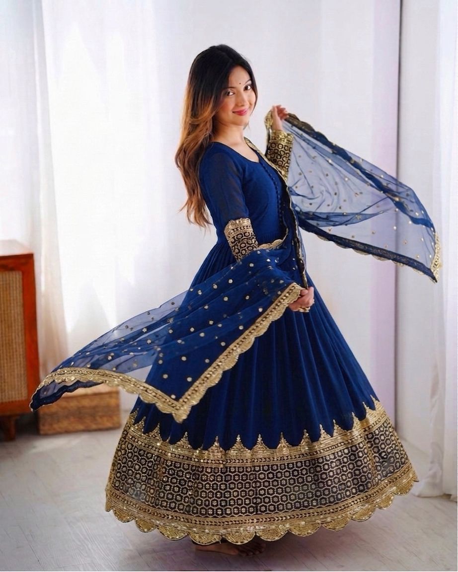 Royal Blue Embroidered Sequence Work Anarkali