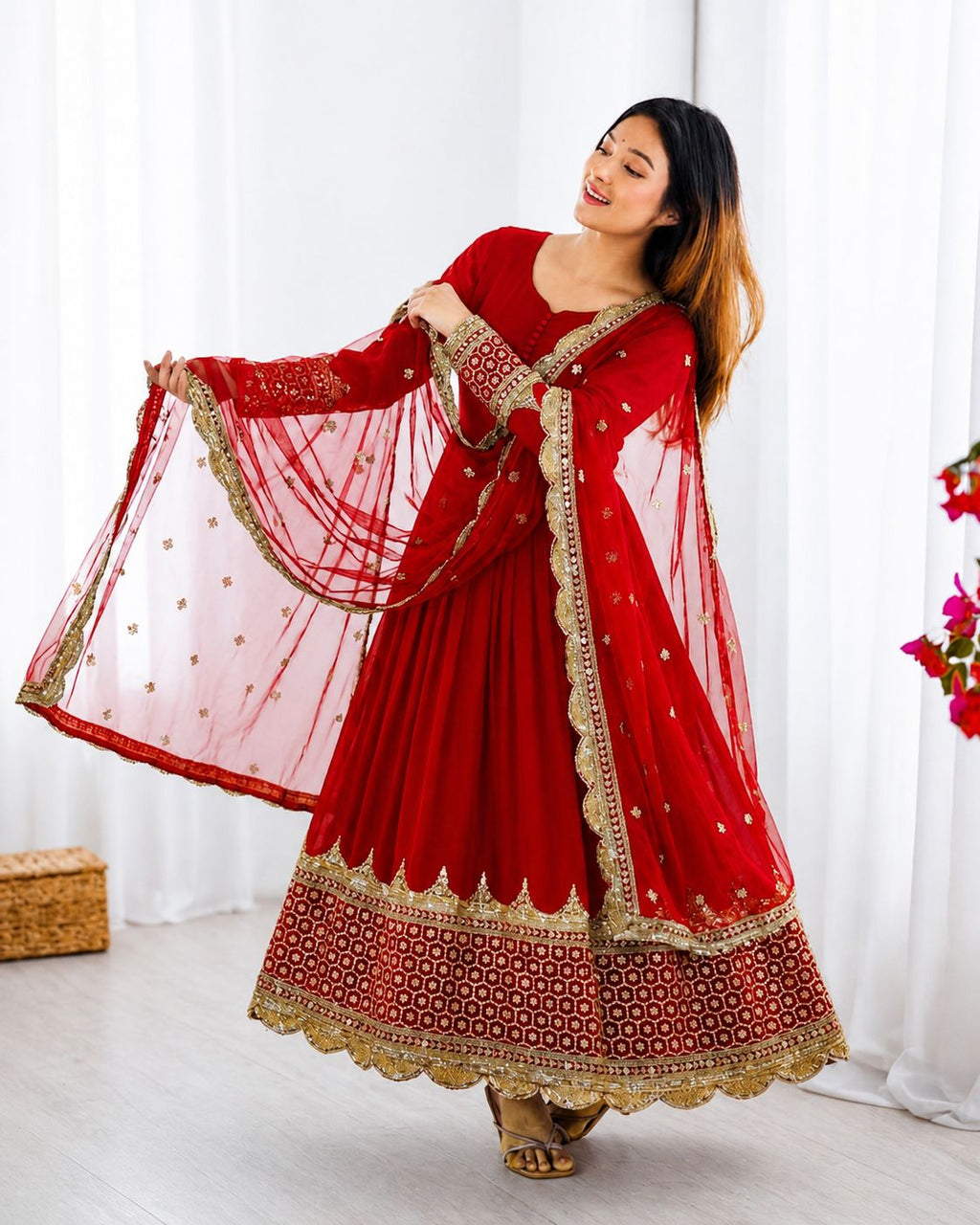 Red Embroidered Sequence Work Anarkali
