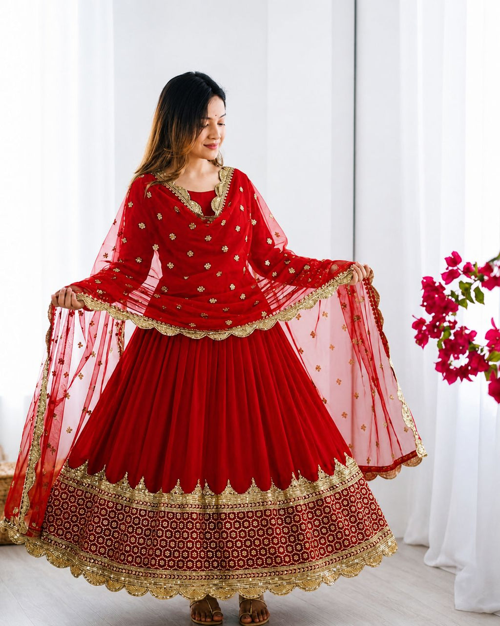 Red Embroidered Sequence Work Anarkali