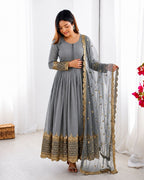 Gray Embroidered Sequence Work Anarkali
