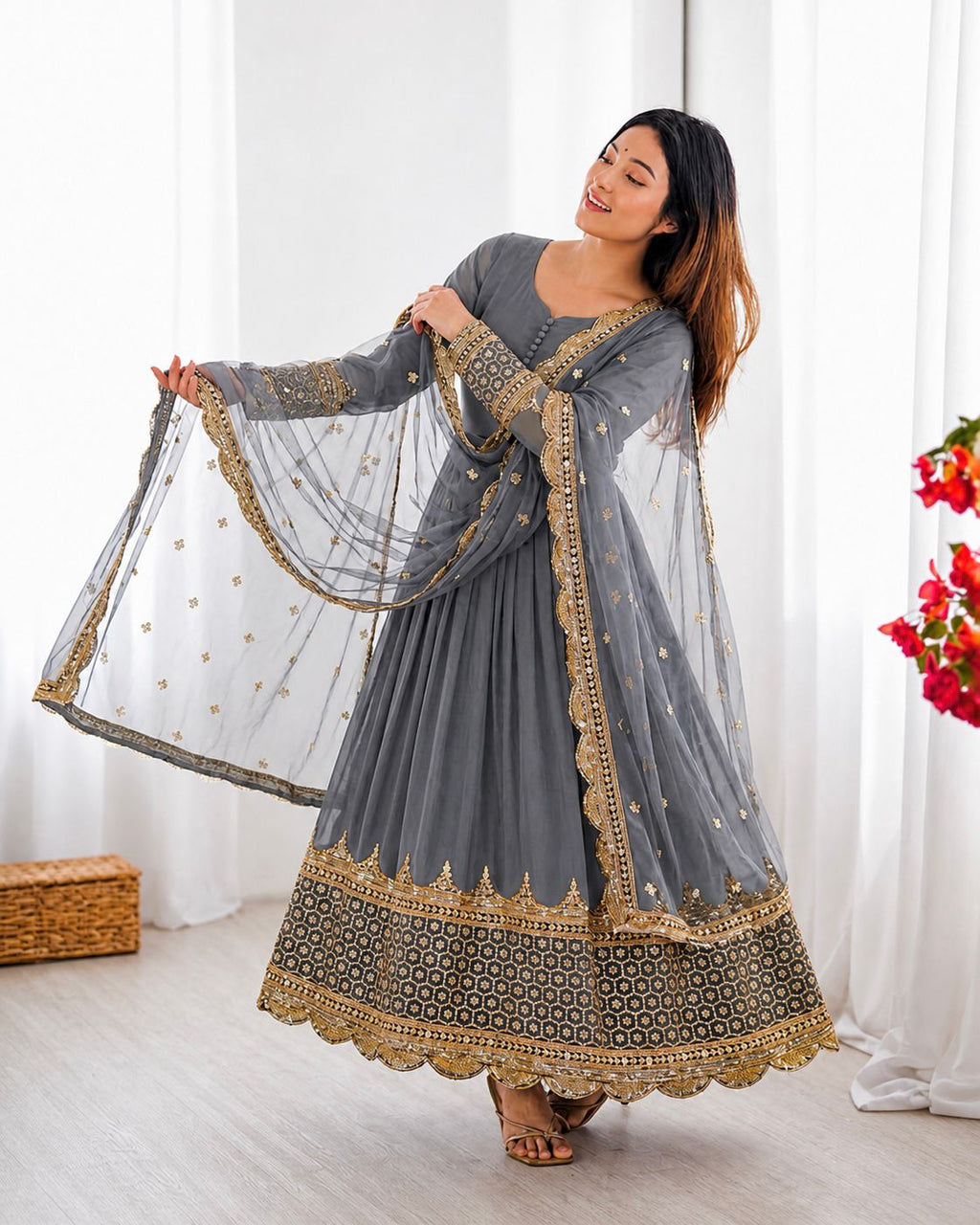 Gray Embroidered Sequence Work Anarkali