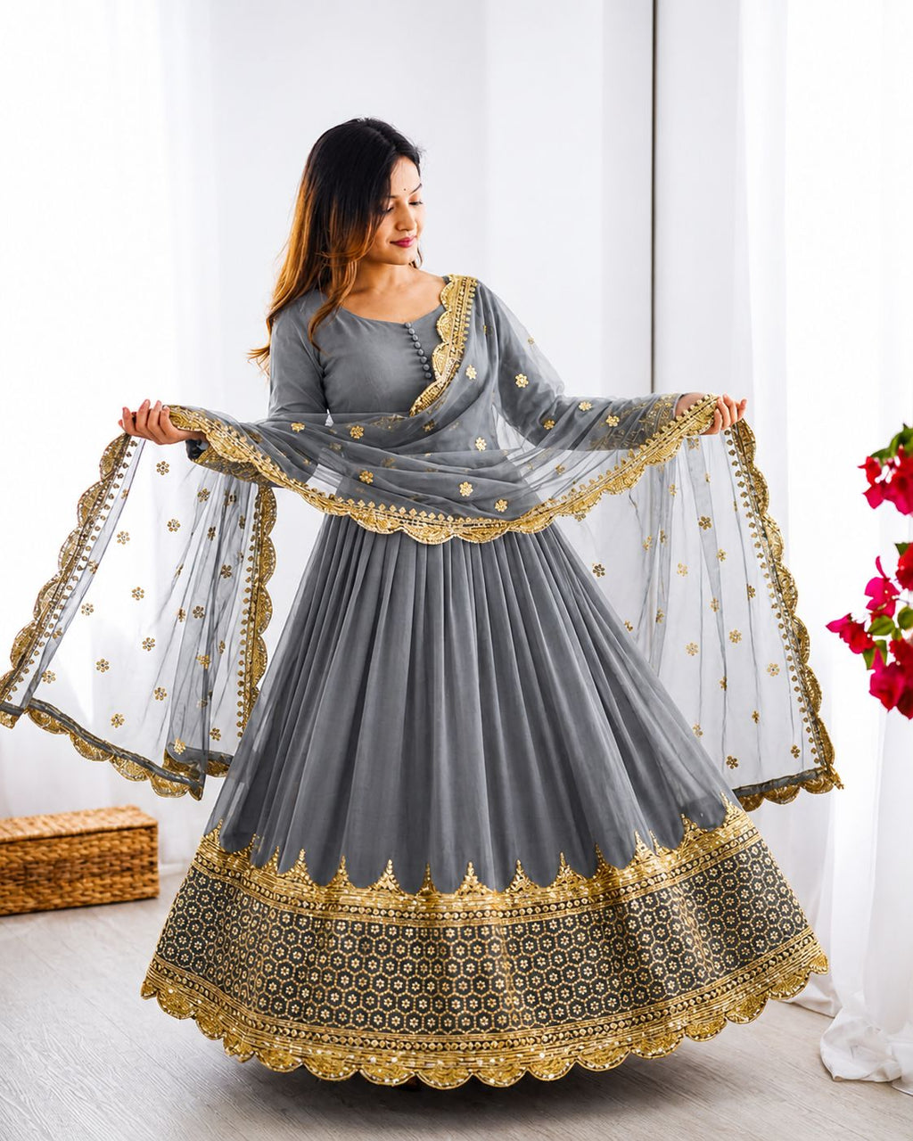 Gray Embroidered Sequence Work Anarkali