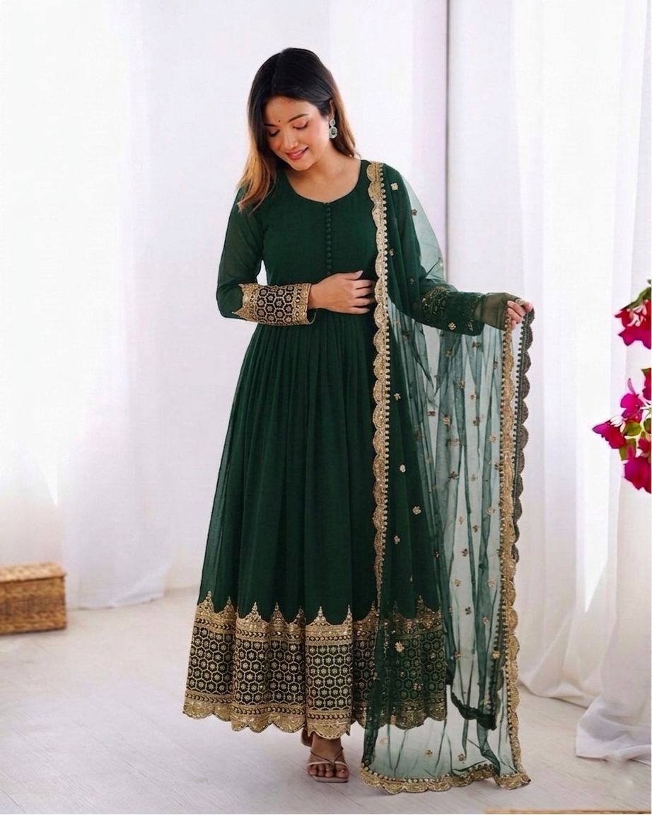 Green Embroidered Sequence Work Anarkali