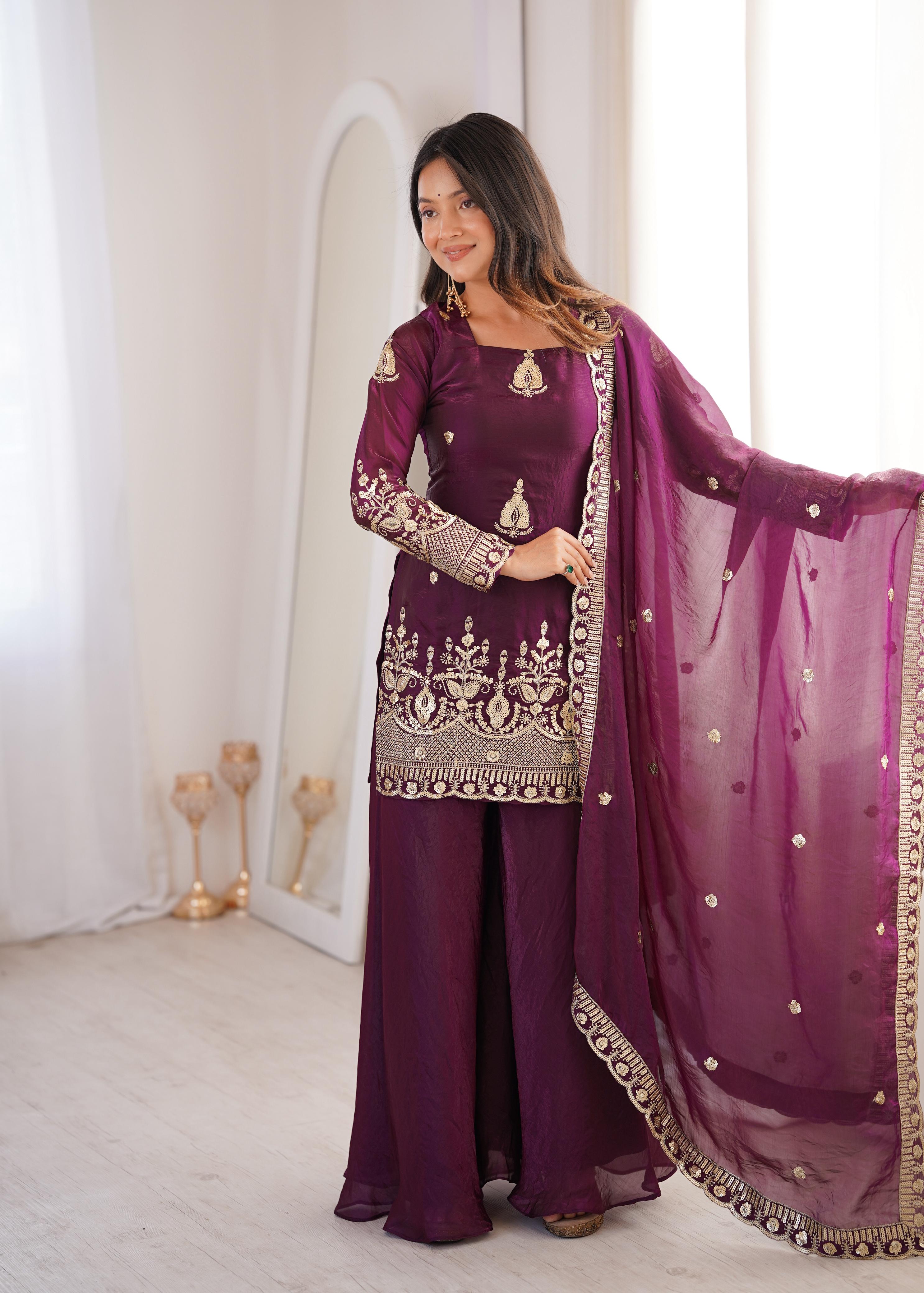 Purple Embroidery Sequence Work Sharara Set