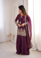 Purple Embroidery Sequence Work Sharara Set