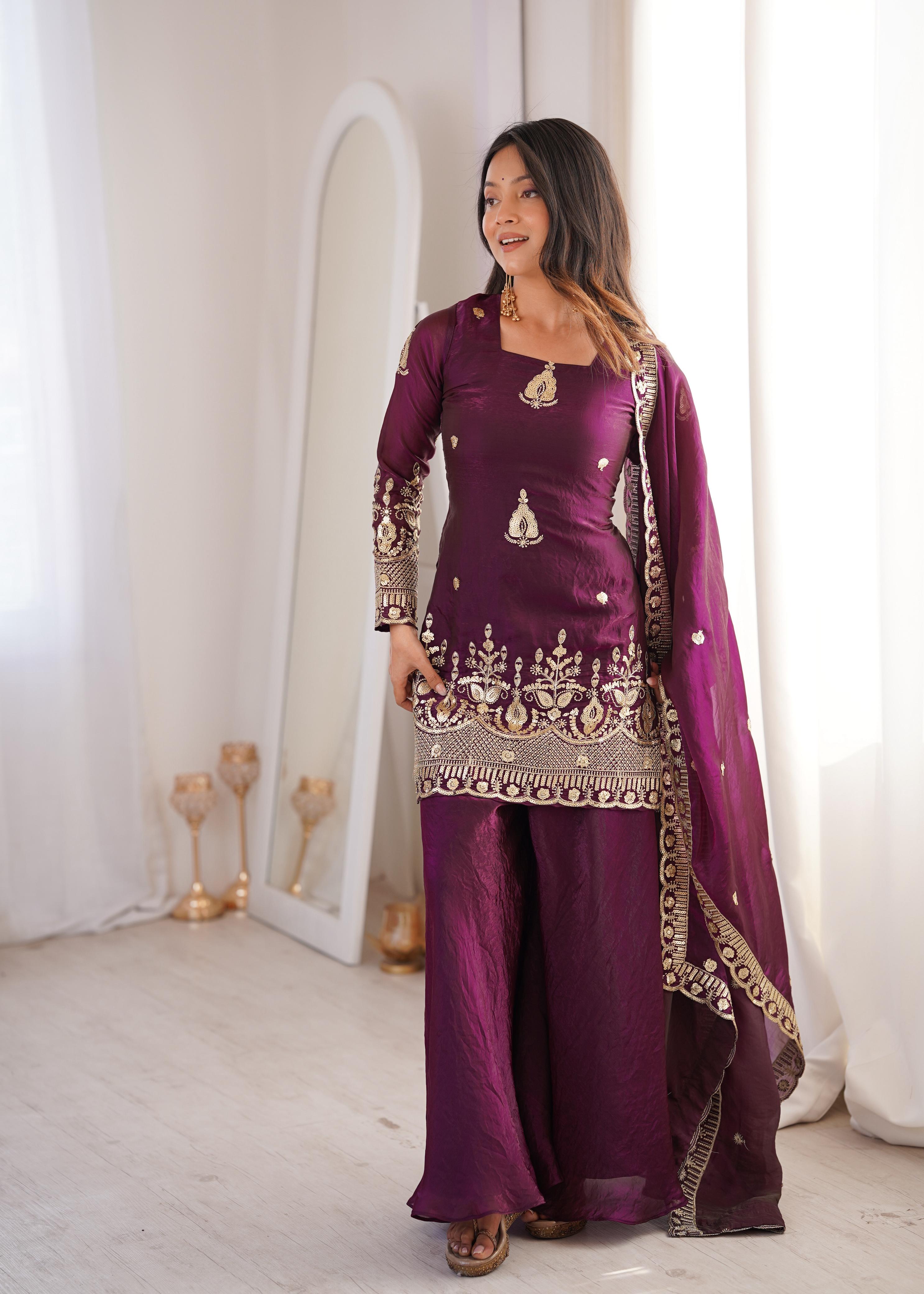 Purple Embroidery Sequence Work Sharara Set