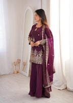 Purple Embroidery Sequence Work Sharara Set