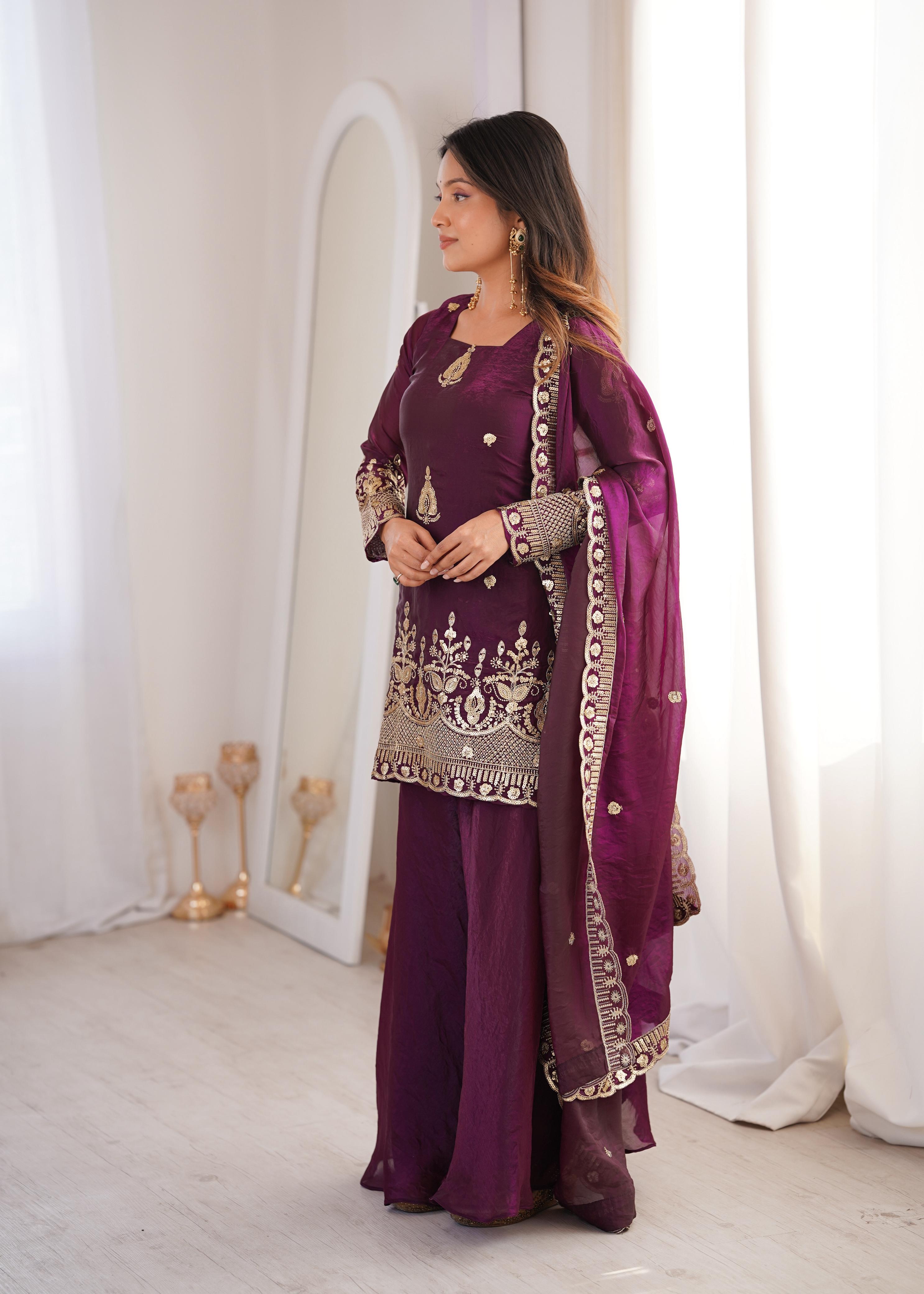 Purple Embroidery Sequence Work Sharara Set