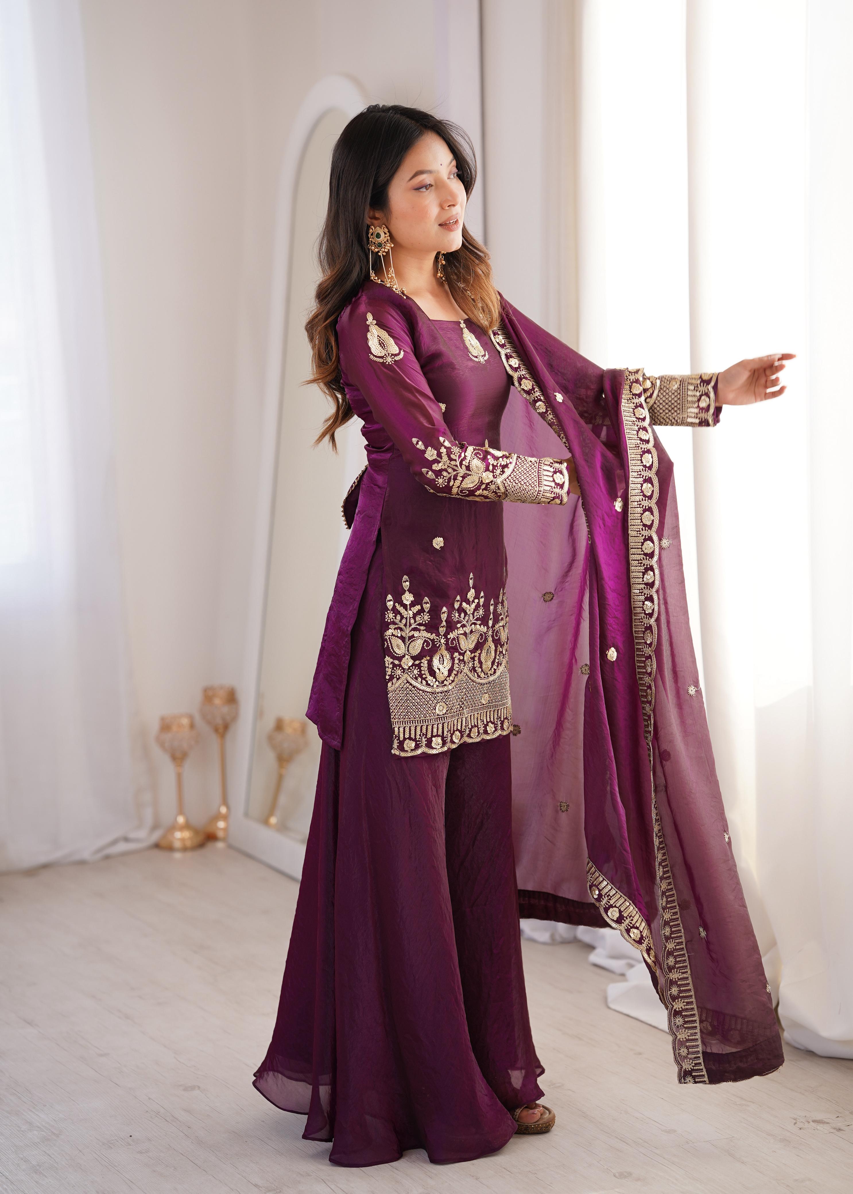 Purple Embroidery Sequence Work Sharara Set