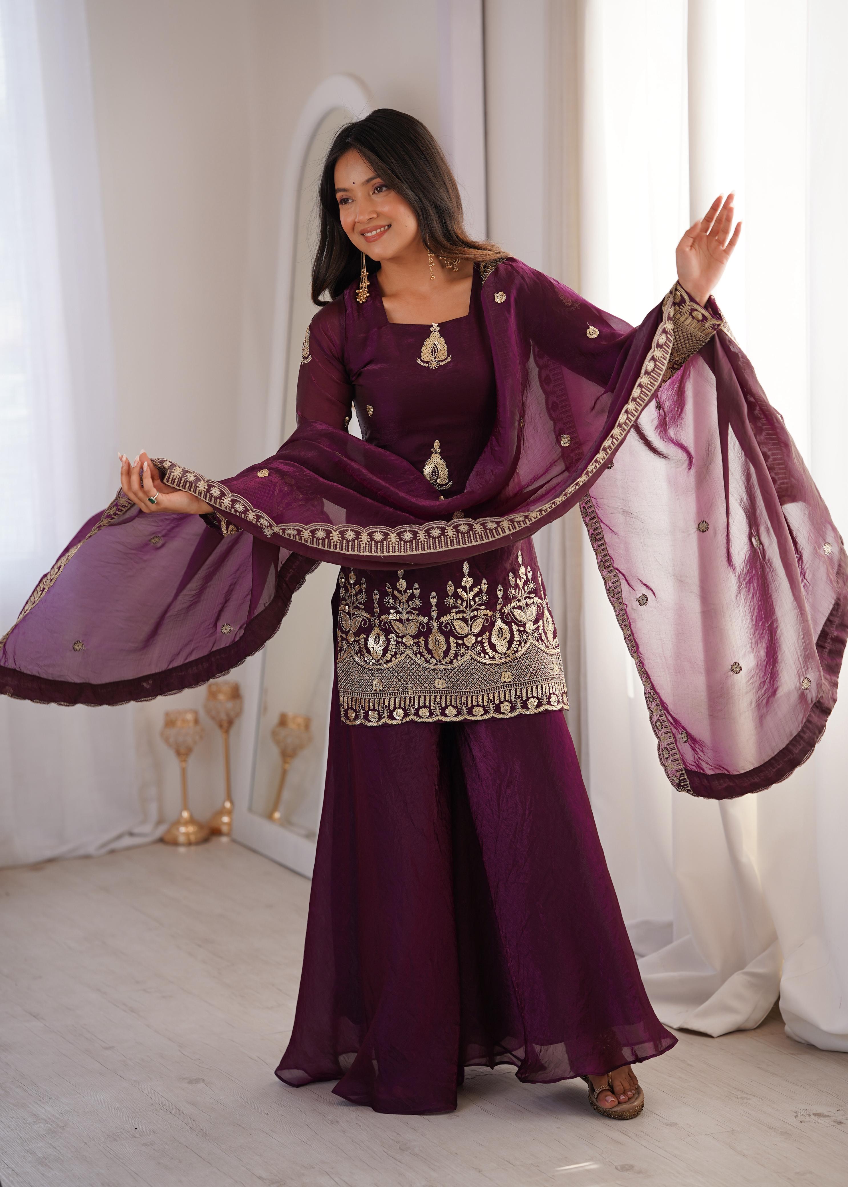 Purple Embroidery Sequence Work Sharara Set
