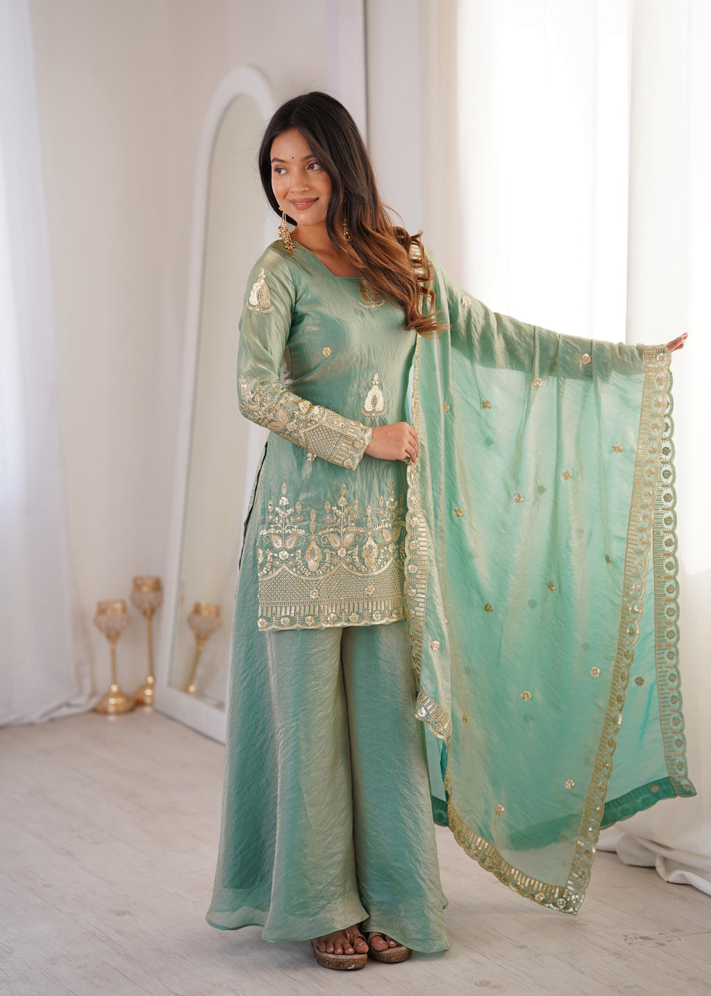 Sky Blue Embroidery Sequence Work Sharara Set