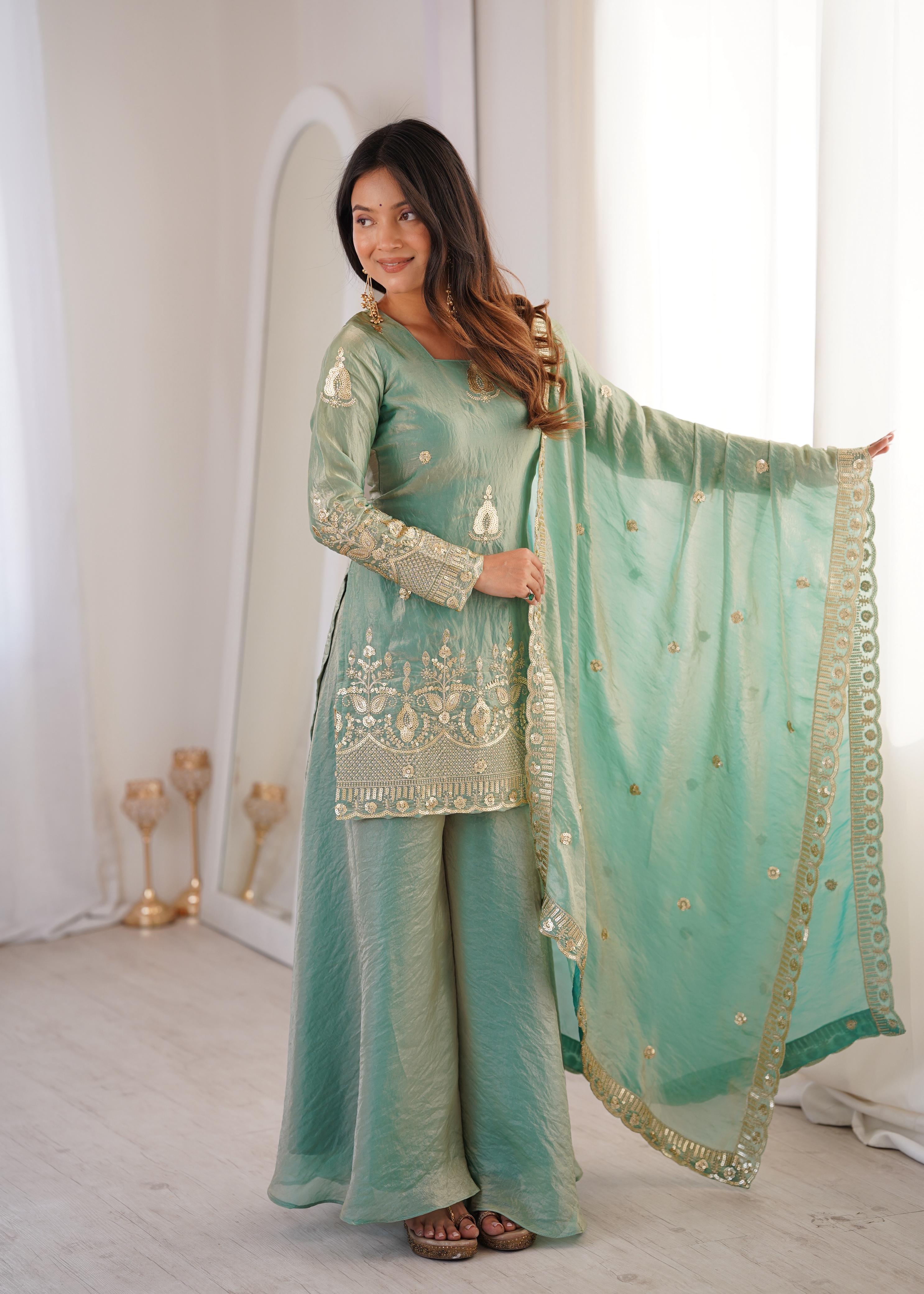 Sky Blue Embroidery Sequence Work Sharara Set