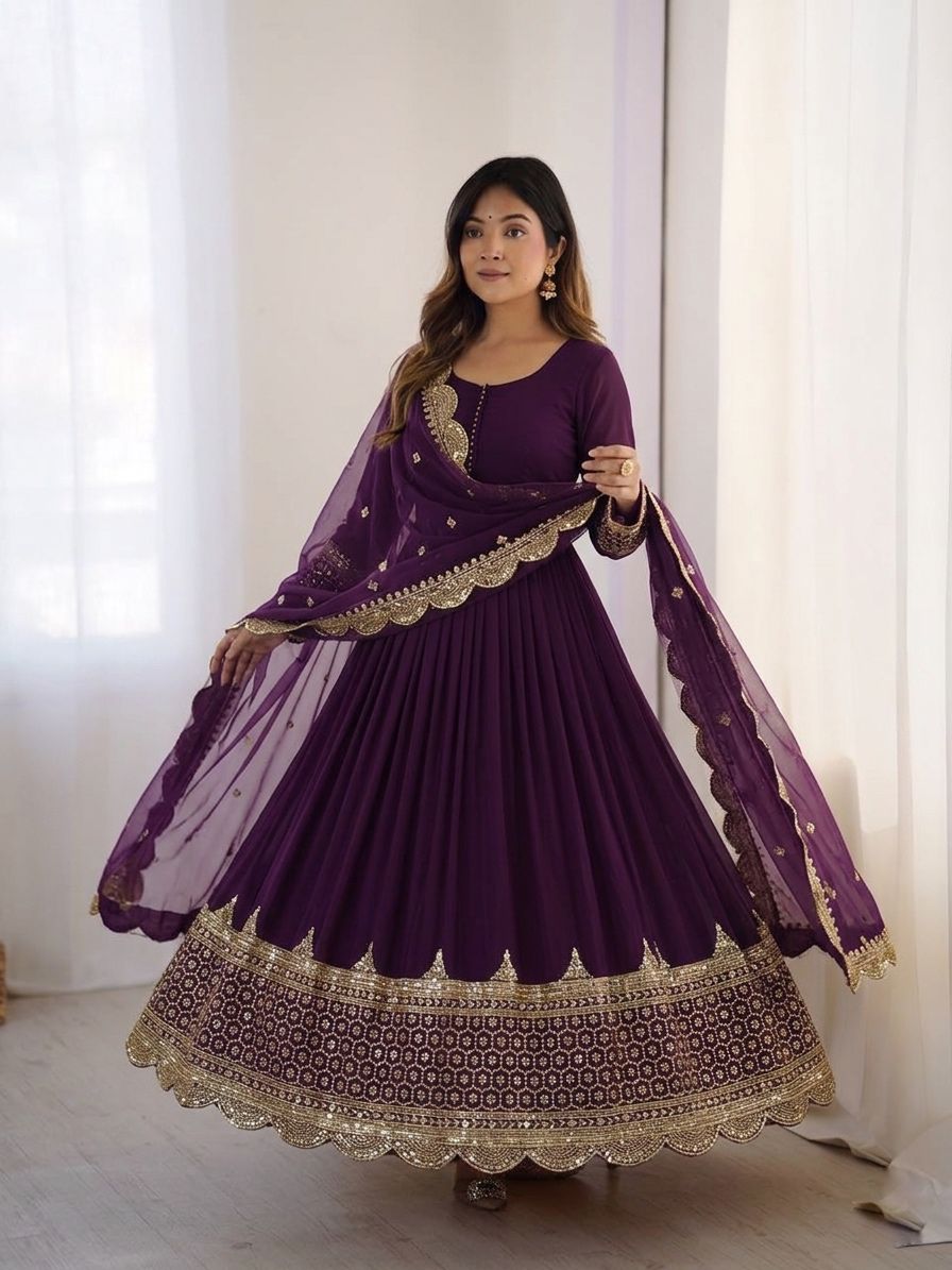 Purple Embroidered Sequence Work Anarkali